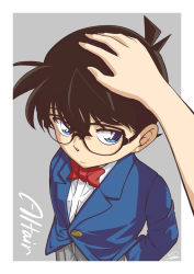Rule 34 | 1boy, 1other, blazer, blue jacket, border, bow, bowtie, brown hair, child, closed mouth, collared shirt, commentary request, edogawa conan, grey background, grey shorts, hair between eyes, hand in pocket, hand on another&#039;s head, highres, jacket, light blush, long sleeves, looking at viewer, male focus, meitantei conan, out of frame, red bow, red neckwear, shirt, short hair, shorts, signature, solo focus, sooma4869, upper body, white border, white shirt
