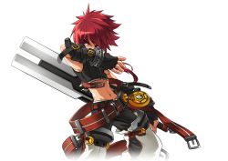 Rule 34 | 1boy, absurdres, belt, black gloves, black pants, buckle, chaps, cowboy shot, elsword, elsword (character), fingerless gloves, gloves, highres, holding, holding sword, holding weapon, long hair, looking at viewer, male focus, midriff, navel, official art, pants, ponytail, red eyes, red hair, ress, reverse grip, rune slayer (elsword), solo, sword, transparent background, weapon