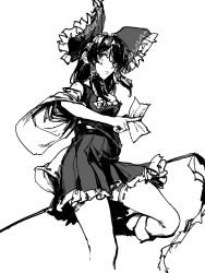 Rule 34 | 1girl, ascot, black hair, boots, bow, detached sleeves, gohei, greyscale, hair bow, hair ornament, hakurei reimu, highres, monochrome, ofuda, sketch, skirt, stank, thighhighs, touhou, white thighhighs, wide sleeves