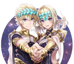 Rule 34 | 1boy, 1girl, armlet, armor, black shirt, blonde hair, blue eyes, blush, bracer, breasts, brother and sister, castor (fate), closed mouth, collar, diadem, fate/grand order, fate (series), halterneck, holding hands, interlocked fingers, looking at viewer, medium hair, metal collar, nyaa kitsune, open mouth, pauldrons, pollux (fate), robe, shirt, short hair, shoulder armor, siblings, sky, small breasts, smile, star (sky), star (symbol), starry background, starry sky, twins, white robe
