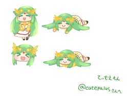 Rule 34 | &gt; &lt;, 1girl, abababu000, blush, chibi, closed eyes, commission, commissioner upload, dress, green hair, jewelry, kid icarus, kid icarus uprising, long hair, lying, nintendo, on stomach, open mouth, palutena, parted bangs, pillowtena, single thighhigh, skeb commission, smile, solo, thighhighs, very long hair, white dress