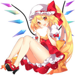 Rule 34 | 1girl, ascot, bare legs, blonde hair, bloomers, bow, flandre scarlet, full body, hat, hat bow, heart, holding, long hair, looking at viewer, miniskirt, mob cap, no socks, ponytail, red bow, red eyes, red footwear, red skirt, roh nam kyung, sash, shoes, skirt, smile, solo, touhou, underwear, very long hair, white hat, wings