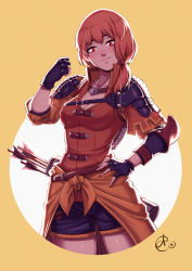 Rule 34 | 1girl, arrow (projectile), asura-00, backlighting, belt, black gloves, breasts, cleavage, female focus, fingerless gloves, fire emblem, fire emblem: three houses, fur trim, gloves, hand on own hip, highres, leonie pinelli, long hair, looking at viewer, matching hair/eyes, medium breasts, nintendo, orange eyes, orange hair, ponytail, quiver, short shorts, shorts, smile, solo, standing, white background, yellow background
