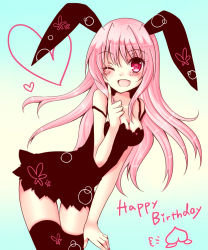 Rule 34 | 1girl, ;d, animal ears, black thighhighs, blush, breasts, fang, hair ornament, happy birthday, highres, leaning forward, long hair, looking at viewer, meiya neon, momocchan, nail polish, one eye closed, open mouth, original, pink eyes, pink hair, rabbit ears, smile, solo, thighhighs, very long hair, wink