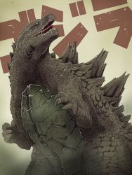 Rule 34 | beige background, claws, godzilla, godzilla (series), kaijuu, monster, no humans, open mouth, scales, sharp teeth, simple background, teeth, tj-type1, yellow eyes