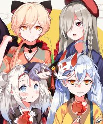 Rule 34 | 4girls, :d, beret, blonde hair, blue eyes, blush, candy apple, character mask, choker, commentary, eating, floral print, food, fox mask, g36c (girls&#039; frontline), g36c (ode to summer) (girls&#039; frontline), girls&#039; frontline, grin, hair bun, hair over one eye, hat, highres, japanese clothes, kimono, long hair, mask, mask on head, mp5 (girls&#039; frontline), mp5 (sleepless begonias) (girls&#039; frontline), multiple girls, official alternate costume, open mouth, orange eyes, ots-14 (flurry of petals) (girls&#039; frontline), ots-14 (girls&#039; frontline), pkp (flower and water) (girls&#039; frontline), pkp (girls&#039; frontline), red eyes, signature, single hair bun, smile, sunglasses, thompson (girls&#039; frontline), tosyeo, white hair, yukata