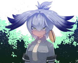 Rule 34 | 10s, 1girl, bird wings, black gloves, black hair, bodystocking, breast pocket, breasts, closed mouth, collared shirt, dress shirt, expressionless, feathered wings, gloves, green eyes, grey shirt, hair between eyes, hair ornament, hair tie, head wings, kemono friends, long hair, looking at viewer, low ponytail, medium breasts, multicolored hair, necktie, orange hair, outdoors, pocket, serious, shirt, shoebill (kemono friends), short sleeves, side ponytail, silver hair, sleeve cuffs, solo, sumiyao (amam), tsurime, two-tone hair, upper body, white necktie, wing collar, wings