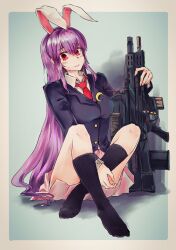 Rule 34 | 1girl, airburst grenade launcher, alliant techsystems, animal ears, assault rifle, black socks, bullpup, carbine, computerized scope, contraves brashear systems, extra ears, grenade launcher, gun, hakurei fling, heckler &amp; koch, highres, huge weapon, l-3 communications corporation, l3 technologies, long gun, long hair, looking at viewer, modular weapon system, multi-weapon, multiple-barrel firearm, necktie, night-vision device, precision-guided firearm, prototype design, purple hair, rabbit ears, red eyes, reisen udongein inaba, rifle, school uniform, scope, semi-automatic firearm, semi-automatic grenade launcher, short-barreled rifle, sight (weapon), simple background, skirt, smart scope, socks, solo, telescopic sight, thermal weapon sight, touhou, transforming weapon, under-barrel configuration, underbarrel assault rifle, underbarrel rifle, uniform, weapon, xm104 (smart scope), xm29 oicw