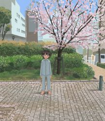 Rule 34 | 1girl, barefoot, blue pants, blue shirt, brown hair, building, bush, cherry blossoms, commentary request, day, full body, highres, long sleeves, muji (uimss), original, outdoors, pajamas, pants, shirt, short hair, solo, tree