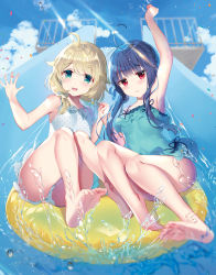 Rule 34 | 2girls, ahoge, armpits, bare arms, bare legs, barefoot, blonde hair, blue hair, blue sky, blunt bangs, commentary request, confetti, day, green eyes, highres, holding hands, idolmaster, idolmaster cinderella girls, innertube, long hair, looking at viewer, low twintails, multiple girls, one-piece swimsuit, outdoors, polka dot, polka dot swimsuit, red eyes, sajo yukimi, sky, sliding, smile, splashing, swim ring, swimsuit, takashina asahi, twintails, water, water slide, yusa kozue