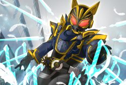 Rule 34 | 1girl, armor, black bodysuit, black gloves, blue armor, blue sleeves, bodysuit, commentary, contrapposto, driver (kamen rider), fangs, fantasy buckle, fingernails, foreshortening, gloves, glowing, glowing eyes, gold trim, highres, horns, id core, incoming attack, kamen rider, kamen rider geats (series), kamen rider na-go, looking at viewer, magic, miyabi (037), open hands, raise buckle, red eyes, rider belt, tokusatsu, upper body