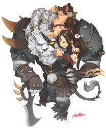 Rule 34 | 1boy, 1girl, ;q, armor, beard, blue eyes, braid, braided beard, brown hair, claws, eyepatch, facial hair, facial mark, faulds, fingerless gloves, furry, furry male, gloves, greaves, heart, highres, league of legends, long hair, nidalee, one eye closed, ponytail, redlion, rengar, scar, sitting on shoulder, size difference, spikes, spoken heart, sweatdrop, sword, tail, tongue, tongue out, tribal, vambraces, weapon