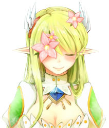 Rule 34 | 1girl, bad id, bad pixiv id, breasts, cleavage, detached collar, elsword, eyepatch, closed eyes, flower, grand archer (elsword), green hair, hair flower, hair ornament, hairpin, long hair, pointy ears, rena erindel, sa1008va, smile, solo, white background