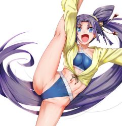 Rule 34 | 1girl, arm above head, blue eyes, breasts, fate/grand order, fate (series), groin, groin tendon, jacket, jacket over swimsuit, kneepits, long hair, looking at viewer, medium breasts, navel, purple hair, smile, solo, split, standing, standing on one leg, swimsuit, torichamaru, ushiwakamaru (fate), ushiwakamaru (fate/grand order), ushiwakamaru (swimsuit assassin) (fate), ushiwakamaru (swimsuit assassin) (first ascension) (fate), very long hair, white background, yellow jacket