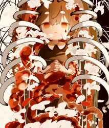 Rule 34 | 1girl, blood, blood from mouth, bloody tears, commentary, empty eyes, encasement, flower, hatsune miku, highres, intestines, long hair, looking at viewer, naizou arimasuka (vocaloid), own hands together, parted lips, red eyes, ribs, solo, syare 0603, twintails, vocaloid, white flower