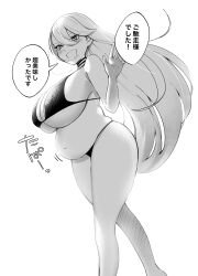 Rule 34 | 1girl, absurdres, belly, bikini, breasts, choker, cleavage, fat, floating hair, food, food on face, greyscale, highres, huge breasts, long hair, looking at viewer, monochrome, navel, open mouth, original, plump, smug, solo, speech bubble, swimsuit, terano haruma, translation request, very long hair, walking, white background
