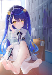 Rule 34 | 1girl, ahoge, amamiya kokoro, amamiya kokoro (1st costume), barefoot, bell, blue bow, blue bowtie, blue dress, blue hair, blue headwear, blurry, blurry background, blush, bow, bowtie, choker, collared dress, crossed ankles, dorsiflexion, dress, eyelashes, fang, feet, foot focus, foreshortening, frilled choker, frilled dress, frills, full body, getabako, hair bell, hair intakes, hair ornament, hair over one eye, highres, indoors, juliet sleeves, knees up, kou futoshi, legs, long hair, long sleeves, looking at viewer, nail polish, nijisanji, no shoes, on ground, paid reward available, parted bangs, puffy sleeves, school uniform, sidelocks, single thighhigh, sitting, skin fang, soles, solo, sweatdrop, thigh strap, thighhighs, toenail polish, toenails, toes, unworn thighhighs, very long hair, virtual youtuber, white thighhighs, wings, wooden floor, x hair ornament, yellow eyes