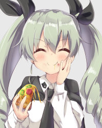 Rule 34 | 10s, 1girl, ^ ^, amano kouki, anchovy (girls und panzer), black cape, black necktie, blush, c:, cape, capelet, closed eyes, drill hair, eating, food, food on face, foodgasm, girls und panzer, green hair, hair between eyes, hair ribbon, hand on own cheek, hand on own face, highres, long hair, long sleeves, looking at viewer, necktie, pizza, ribbon, shirt, silver hair, smile, solo, twin drills, twintails, uniform, upper body, white shirt
