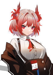 Rule 34 | 1girl, absurdres, arknights, black coat, black skirt, breasts, buttons, closed mouth, coat, collared shirt, fiammetta (arknights), frown, high-waist skirt, highres, looking at viewer, medium breasts, necktie, off shoulder, red eyes, red hair, red necktie, shirt, short hair, skirt, solo, sq, suspender skirt, suspenders, upper body, white background, white shirt