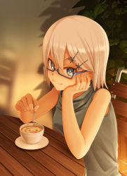 Rule 34 | 1girl, bare shoulders, blonde hair, blue eyes, chair, head rest, coffee, cup, glasses, hair ornament, hairclip, highres, looking at viewer, sakais3211, semi-rimless eyewear, solo, stirring, table