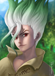 Rule 34 | 1boy, absurdres, artist name, blurry, blurry background, day, dr. stone, facial mark, gradient hair, green hair, highres, ishigami senkuu, long hair, looking at viewer, male focus, multicolored hair, outdoors, procsan, red eyes, smile, spiked hair, two-tone hair, upper body