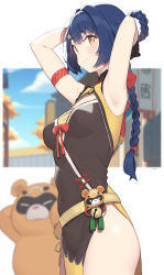 Rule 34 | 1girl, absurdres, arm strap, armpits, arms behind head, arms up, belt, blue hair, blurry, blurry background, braid, braided hair rings, braided ponytail, breasts, chinese clothes, cloba, closed mouth, covered navel, dress, from side, genshin impact, guoba (genshin impact), hair rings, highres, long hair, looking at viewer, short dress, short eyebrows, side slit, small breasts, smile, solo, tying hair, xiangling (genshin impact), yellow eyes