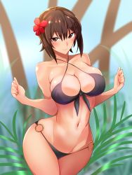 Rule 34 | 10s, 1girl, baron (nsbaron), bikini, black bikini, blush, breasts, brown eyes, brown hair, cleavage, cowboy shot, curvy, flower, front-tie top, girls und panzer, hair flower, hair ornament, hibiscus, large breasts, looking at viewer, navel, nishizumi maho, o-ring, o-ring bikini, o-ring bottom, short hair, smile, solo, swimsuit, wide hips