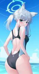Rule 34 | 1girl, absurdres, animal ear fluff, animal ears, ass, black one-piece swimsuit, blue archive, blue eyes, blue sky, cloud, commentary, competition swimsuit, covered navel, cross hair ornament, day, extra ears, grey hair, hair ornament, halo, highres, horizon, looking at viewer, looking back, low ponytail, lunar (pixiv53683306), medium hair, mismatched pupils, multicolored clothes, multicolored swimsuit, ocean, official alternate costume, one-piece swimsuit, outdoors, shiroko (blue archive), shiroko (swimsuit) (blue archive), sky, solo, swimsuit, wolf ears