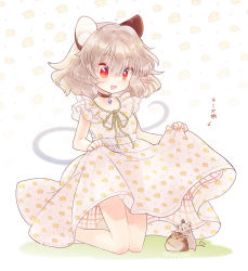 Rule 34 | 1girl, :d, animal ears, biyon, clothes lift, dress, grey hair, lifting own clothes, mouse ears, mouse tail, nazrin, open mouth, polka dot, red eyes, skirt hold, smile, solo, tail, touhou