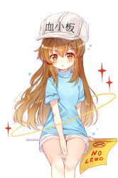 Rule 34 | 10s, 1girl, :o, baocaizi, blue shirt, blush, brown eyes, character name, commentary request, english text, flag, flat cap, grey hat, grey shorts, hair between eyes, hat, hataraku saibou, head tilt, highres, light brown hair, long hair, looking at viewer, parted lips, platelet (hataraku saibou), shirt, short shorts, short sleeves, shorts, sitting, solo, sparkle, very long hair, white background