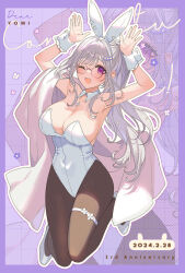 Rule 34 | 1girl, ;d, animal ears, anniversary, arms up, breasts, brown pantyhose, cleavage, collar, commentary request, dated, detached collar, fake animal ears, full body, grey footwear, grey hair, hair ornament, hairband, hairclip, highres, indie virtual youtuber, large breasts, leotard, long hair, miyako (xxxbibit), one eye closed, open mouth, outline, pantyhose, playboy bunny, purple background, purple eyes, rabbit ears, rabbit pose, shoes, smile, solo, strapless, strapless leotard, thigh strap, very long hair, virtual youtuber, white collar, white hairband, white leotard, white outline, wing collar, wrist cuffs, yomi tsumugiha, zoom layer