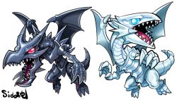 Rule 34 | blue-eyes white dragon, blue eyes, chibi, claws, dragon, duel monster, fangs, no humans, red-eyes black dragon, red eyes, sido (slipknot), spikes, tail, white background, wings, yu-gi-oh!