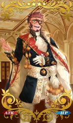 Rule 34 | 1boy, alternate costume, beard, blue eyes, brown hair, craft essence (fate), detail, facial hair, fate/grand order, fate (series), gloves, highres, long sideburns, long sleeves, looking at viewer, male focus, mask, napoleon bonaparte (fate), one eye closed, sideburns, single glove, smile, solo, standing, teeth, uniform, unower s, upper body