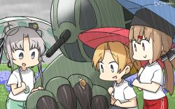 Rule 34 | 1other, 3girls, ahoge, akitsushima (kancolle), alternate costume, black bow, black headwear, black pants, blonde hair, blue eyes, blue umbrella, bow, brown eyes, brown hair, commentary request, dated, fur hat, green pants, hair bow, hair ornament, hair ribbon, hamu koutarou, hat, highres, kantai collection, long hair, low twintails, maikaze (kancolle), mini hat, multiple girls, nishikitaitei-chan, one-hour drawing challenge, pants, papakha, parted bangs, polka dot, polka dot umbrella, ponytail, purple eyes, purple hair, rain, red pants, red umbrella, ribbon, shirt, side ponytail, sidelocks, snail, squatting, standing, t-shirt, tashkent (kancolle), track pants, twintails, umbrella, white shirt