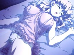 Rule 34 | 1girl, bed, blonde hair, breasts, cameltoe, covered erect nipples, fukurai naho, game cg, houtani yukitoshi, huge breasts, large breasts, lingerie, lying, non-web source, on back, open mouth, panties, pillow, reversible, see-through, sleeping, solo, underwear, wallpaper