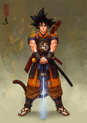 Rule 34 | 1boy, alternate costume, arm armor, armor, artist name, belt pouch, biceps, black eyes, black hair, blue shirt, brown pants, cross scar, dougi, dragon ball, dragon ball (object), dragon ball super, dragonball z, full body, glowing, glowing sword, glowing weapon, guillem dauden, holding, holding sword, holding weapon, japanese armor, japanese clothes, katana, kusazuri, leg armor, light smile, male focus, monkey tail, pants, pants tucked in, planted, planted sword, planted weapon, pouch, saiyan, samurai, sandals, scar, scar on arm, sheath, shirt, short sword, signature, simple background, sleeves rolled up, son goku, spiked hair, suneate, sword, tabi, tail, tantou, tassel, waraji, weapon, weapon on back, wrist guards