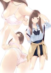 Rule 34 | 1girl, ama mitsuki, arm up, armpits, ass, backpack, bag, bare arms, bare shoulders, blue bow, blue neckwear, blue shirt, blue skirt, blurry, bow, bowtie, bra, breasts, brown eyes, brown hair, cardigan, cardigan around waist, cleavage, clothes around waist, collarbone, collared shirt, cropped legs, depth of field, from below, jewelry, long hair, long sleeves, looking down, miniskirt, multiple views, necklace, original, panties, plaid, plaid skirt, pleated skirt, school uniform, see-through panties, shirt, simple background, skirt, small breasts, swept bangs, underwear, underwear only, white background, white bra, white panties