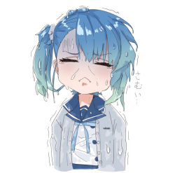 Rule 34 | 1girl, :&lt;, aqua neckwear, blue hair, blue sailor collar, cardigan, closed eyes, closed mouth, cropped torso, fangs, fukae (kancolle), gradient hair, hair between eyes, junes, kantai collection, multicolored hair, ponytail, sailor collar, shaded face, short hair, side ponytail, simple background, solo, tears, upper body, wet, wet clothes, wet hair, white background