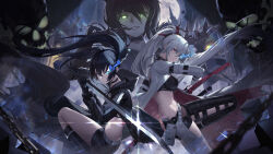 Rule 34 | absurdres, alpha (punishing: gray raven), black hair, black rock shooter, black rock shooter (character), blue eyes, blue fire, blue hair, cc xiaotintin, chain, collaboration, crossover, fighting stance, fire, glowing, glowing eyes, green eyes, heterochromia, highres, holding, holding sword, holding weapon, hood, hooded jacket, jacket, looking at viewer, lucia: crimson weave (punishing: gray raven), moon, night, official art, open clothes, open jacket, ponytail, punishing: gray raven, red eyes, short shorts, shorts, skull, smile, sword, torn clothes, twintails, weapon, white hair