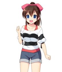 Rule 34 | 10s, 1girl, :d, bad id, bad pixiv id, bare shoulders, blue eyes, blush, bow, brown hair, hair bow, idolmaster, idolmaster million live!, looking at viewer, off-shoulder shirt, off shoulder, open mouth, ponytail, satake minako, shirt, shorts, smile, solo, tank top, totokichi