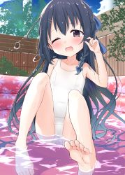 Rule 34 | 1girl, barefoot, black hair, bow, braid, brown eyes, commentary request, commission, fence, hair bow, highres, hiyama yuki (mousou academism), imooka, long hair, one-piece swimsuit, one eye closed, partially submerged, school swimsuit, single braid, skeb commission, solo, swimsuit, wading pool, water, white one-piece swimsuit, yuuko (imooka)