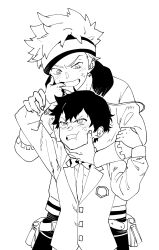 Rule 34 | 2boys, anger vein, anonymous;code, black hair, blush, bow, bowtie, collared shirt, fighting, finger in another&#039;s mouth, furrowed brow, greyscale, hand on another&#039;s arm, hand on another&#039;s chin, headband, high contrast, highres, holding another&#039;s wrist, ikuhashi muiko, lineart, long sleeves, male focus, monochrome, multiple boys, shirt, short hair, souga asuma, spiked hair, takaoka pollon, upper body, waistcoat, white background