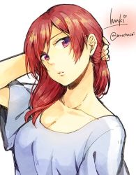 Rule 34 | 10s, 1girl, breasts, buccho (bucchoco), character name, cleavage, collarbone, hand in own hair, head tilt, long hair, looking at viewer, love live!, love live! school idol project, nishikino maki, parted lips, purple eyes, red hair, shirt, short sleeves, simple background, solo, t-shirt, twitter username, upper body, white background
