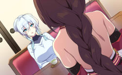 Rule 34 | 2girls, bare shoulders, blue eyes, blue hair, braid, braided ponytail, breasts, brown hair, commentary request, cup, indoors, kiryuin kaede, large breasts, long hair, long sleeves, looking at another, multiple girls, original, parted lips, puuzaki puuna, sidelocks, sitting, yukino (zeroshiki kouichi)