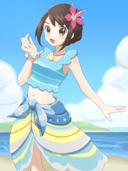 Rule 34 | + +, 1girl, :d, absurdres, blue sarong, blue shirt, blush, brown eyes, brown hair, cloud, commentary request, creatures (company), day, ebiura akane, flower, game freak, gloria (pokemon), gloria (summer 2021) (pokemon), hair flower, hair ornament, hand up, highres, jewelry, navel, necklace, nintendo, official alternate costume, open mouth, outdoors, pink flower, pokemon, pokemon masters ex, sand, sarong, scrunchie, shirt, shore, sky, sleeveless, sleeveless shirt, smile, solo, standing, striped clothes, striped shirt, tongue, water, wrist scrunchie