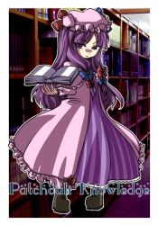 Rule 34 | 1girl, 4c (artist), bad id, bad pixiv id, book, bookshelf, female focus, hair ribbon, hat, library, long hair, mito ayame, mob cap, patchouli knowledge, purple eyes, purple hair, ribbon, solo, touhou, voile
