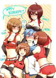 Rule 34 | 4girls, ?, aged down, ahoge, bad id, bad pixiv id, bandeau, bare shoulders, blue eyes, blue hair, blue scarf, blush, breast rest, breasts, breasts on head, brown eyes, brown hair, cleavage, crop top, elbow gloves, gloves, kaito (vocaloid), large breasts, medium breasts, meiko (vocaloid), midriff, multiple girls, multiple persona, muro (ninimohu), navel, sakine meiko, scarf, short hair, skirt, smile, thighhighs, tsundere, vocaloid, zettai ryouiki