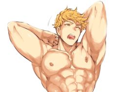 Rule 34 | 1boy, abs, arms behind head, bara, blonde hair, granblue fantasy, green eyes, hazama (hazamazama), large pectorals, male focus, muscular, muscular male, navel, nipples, one eye closed, open mouth, pectorals, short hair, simple background, sleeves rolled up, solo, topless male, undercut, upper body, vane (granblue fantasy)