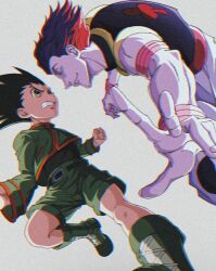 Rule 34 | 2boys, black hair, child, duel, enoki (gongindon), facepaint, foreshortening, frown, full body, gon freecss, green shorts, hair slicked back, highres, hisoka morow, hunter x hunter, male focus, multiple boys, official alternate costume, outstretched arms, outstretched hand, reaching, reaching towards viewer, red hair, serious, short hair, shorts, simple background, sleeveless, smile, spiked hair, yellow eyes