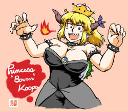 Rule 34 | 1girl, armlet, artist name, azuki osamitsu, blonde hair, blue eyes, bow, bowsette, bracelet, breasts, cleavage, collar, commentary request, crown, dress, earrings, english text, grin, hands up, heart, horn bow, horn ornament, horns, jewelry, large breasts, long hair, mario (series), mini crown, new super mario bros. u deluxe, nintendo, open mouth, pink background, sharp teeth, smile, solo, spiked armlet, spiked bracelet, spiked collar, spikes, strapless, strapless dress, super crown, teeth, turtle shell